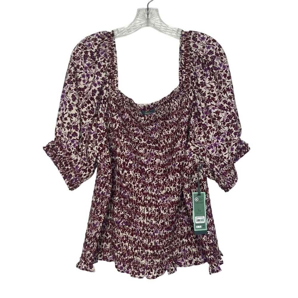 Terra & Sky Smocked Top Womens 3X Purple Floral Puff Sleeve Square Neck Blouse